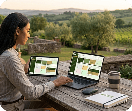An operations lead reviewing Thornbridge dashboards on a laptop and tablet