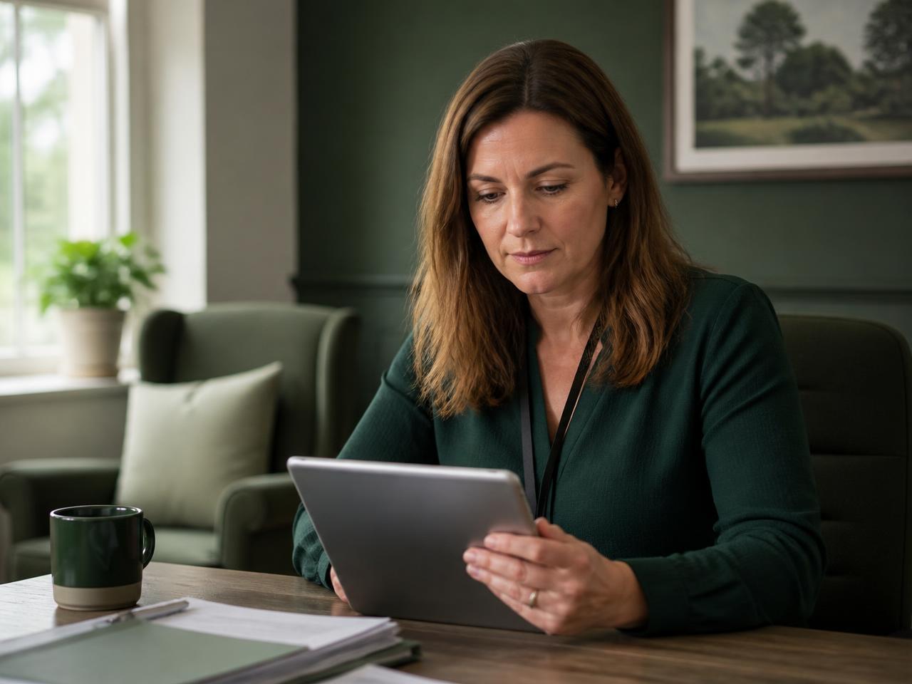 A care home HR manager reviewing staff compliance records on a tablet