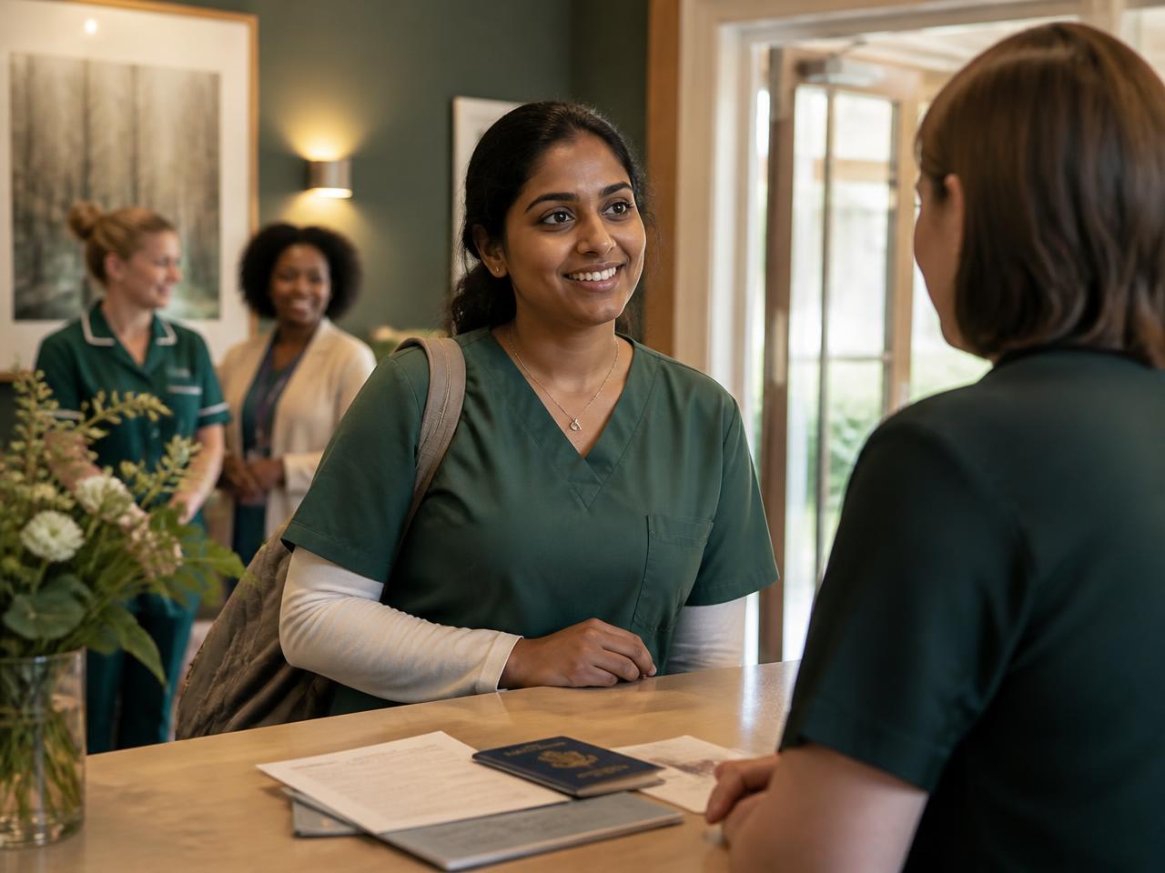 An internationally recruited nurse arriving at a UK care home reception with sponsorship documents